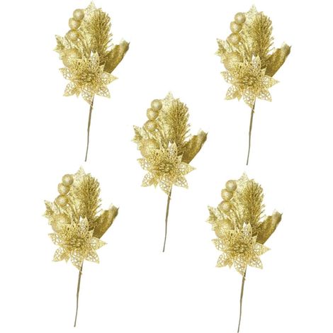 Lot de 5 Feuilles Artificielles de Noël Pailletées Dorées 23 CM Décorations Scintillantes pour Sapin Couronnes et Compositions Festives Accessoires Lumineux pour Fêtes de Noël (1/5)