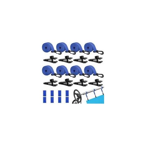 Enrouleur de piscine - Bandes de maintien - Lot de 8 bandes de fixation et pinces - Accessoires pour système d'enroulement mobile - Film solaire mobile pour bâches de piscine (bleu) (1/5)