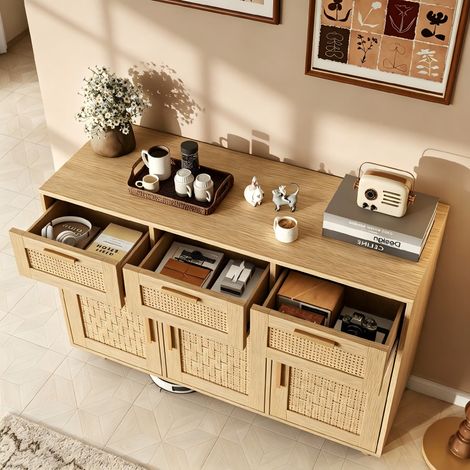 Buffet de rangement en cannage 108x40x80cm, Commode à 3 portes et 3 tiroirs , Meuble de Rangement, Armoire Tiroirs en Rotin, Buffet pour Salon, Chambre, Salle à Manger, couleur chêne