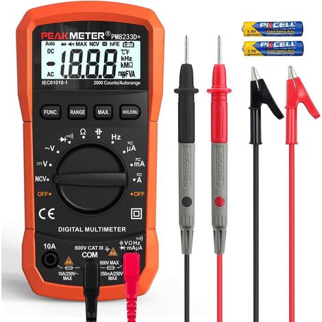 Multimetro digitale, tester multimetro, voltmetro ad alta sensibilità, amperometro, ohmmetro, misura tensione CA/CC, corrente CA/CC, resistenza, diodi e continuità (arancione)