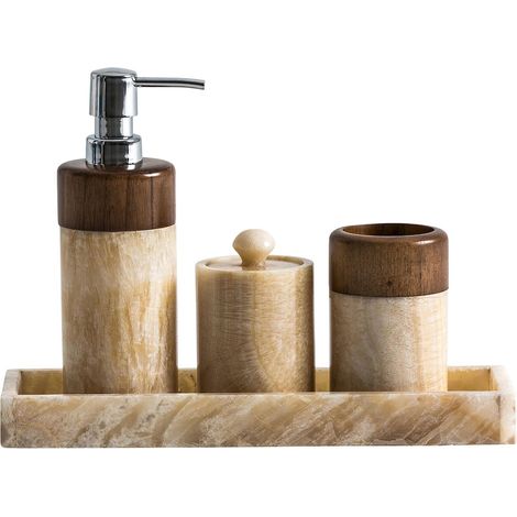 Lot de 4 Accessoires de Salle de Bain en Onix - Vical - Onix ivoire nuancé avec bois d'ébano (1/3)