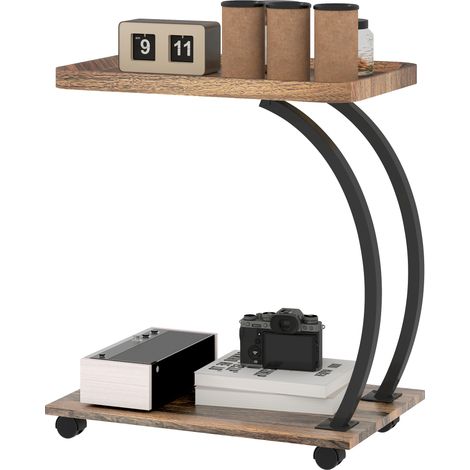 Table d'appoint en forme de C avec roulettes, plateau supérieur et étagère inférieure pour canapé ou lit, 52 x 34 x 60 cm, marron et noir (1/5)