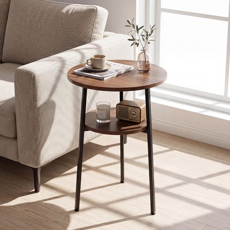 Table basse ronde 39 cm à 2 niveaux, structure métallique triangulaire, effet bois pour salon (1/5)
