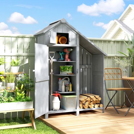 Gartenschrank Holz Outdoor wetterfest Geräteschuppen mit Asphaltdach Einlegeboden 129 x 51,5 x 180 cm Grau