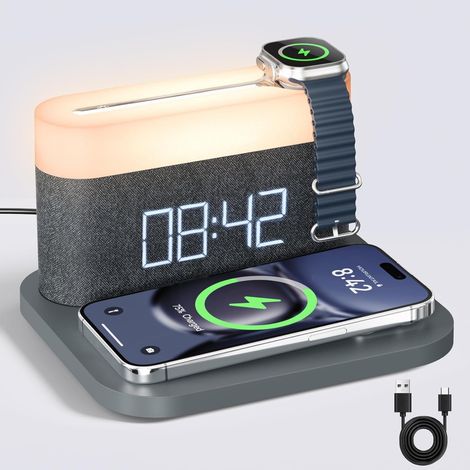 Réveil multifonction avec chargement sans fil, lampe de chevet tactile 15 W max, veilleuse 3 couleurs pour chambre, table de chevet, bureau (noir) (1/5)
