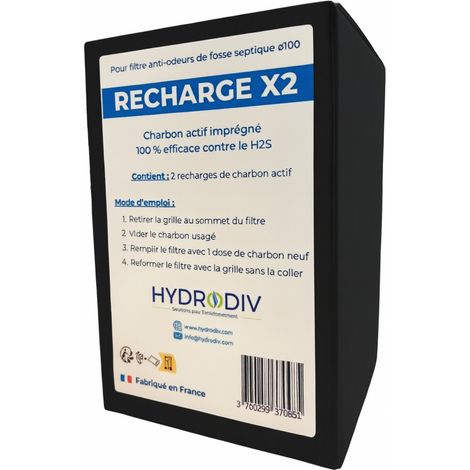 Recharge filtre anti-odeurs fosse septique charbon actif KOH – Neutralisation H2S – Filtre rechargeable – Économie durable – Hydrodiv