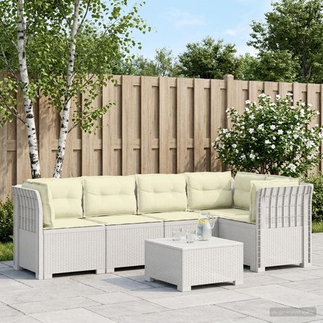Canapé de Jardin Modulaire 5 Places en Polypropylène Blanc Aspect Rotin avec Coussins - PANGIVO (1/5)