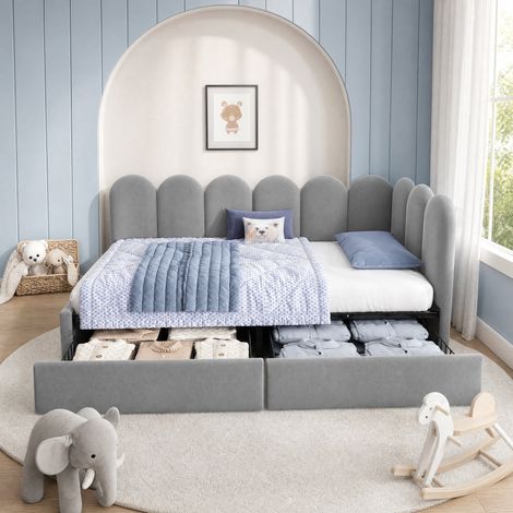 Letto 90x200 cm in velluto grigio con cassetti per cameretta, senza materasso – MEUBLIV (1/5)