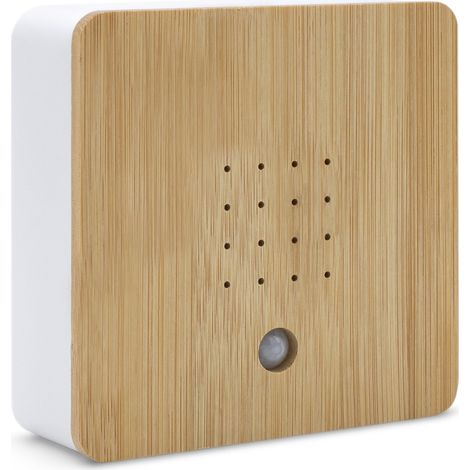 Vogelgezwitscher Soundbox mit Front aus Bambus - 12 cm - Lautsprecher mit beruhigendem Vogelgesang - Deko Box mit Naturgeräuschen Vogel Sound 2 Meter Sensor für Bad Spa Gäste WC und Entspannung