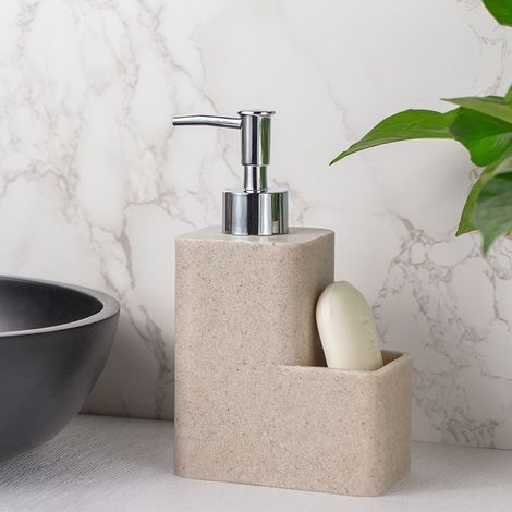Distributeur de Savon Liquide avec Porte-Éponge Porte-Brosse, Bouteille de Pompe de Distributeur de Savon à Vaisselle Tampon à Récurer pour Cuisine Salle de Bain Évier de Comptoir, Sable (1/4)