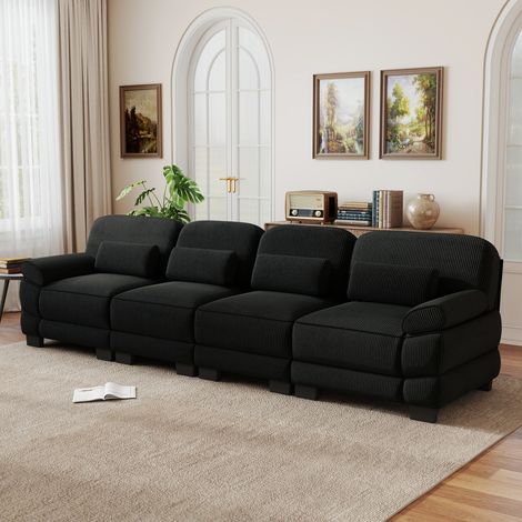 Modulares 4-Sitzer-Sofa aus schwarzem Cord mit Lendenkissen, 336 x 88,5 x 94 cm (1/5)