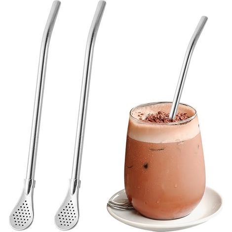 Ahlsen Wiederverwendbare Löffelstrohhalme, Yerba Mate-Strohhalme, gefilterter Löffel, für Tee, Kaffee, Zitronentee, Saft, 2 Stück (1/5)