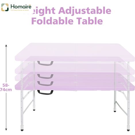 HOMAIRE Table pliante portable robuste 125cm avec poignée, hauteur ajustable, multifonctionnelle pour camping pique-nique fêtes intérieur extérieur