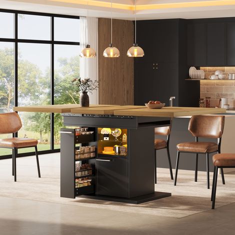Table à manger extensible avec rangement et système d'éclairage coloré, idéale pour les petites pièces, gain de place, design moderne avec étagères en verre, pour les repas de famille et les fêtes, ex (1/4)