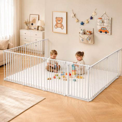 FIANAO – Barrière de sécurité pliable à 8 panneaux avec porte – ouverture 180° avec fermeture auto – 480 × 74 cm, blanc (1/5)