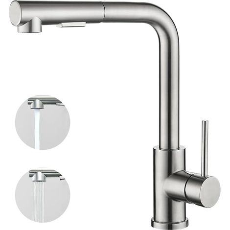 SJQKA Kitchen Mixer Tap with Pull Out Spray, Single Handle, 360° Swivel, 2 Spray Modes, Kitchen Sink Faucet, Brushed (1/5)