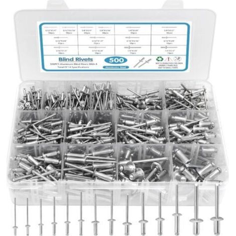 Assortiment de 500 rivets pop, 14 rivets en aluminium de tailles SAE (3/32\ (1/4)