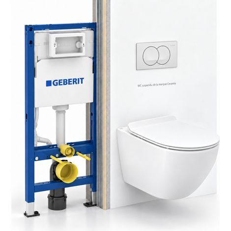 Geberit – Pack WC suspendu sans bride – Cuvette Ceramia avec chasse tourbillonnante – Abattant SoftClose – Plaque blanche brillante