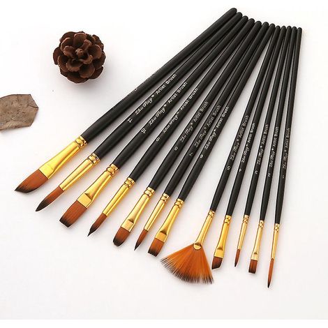 12 Pinceaux Peinture Acrylique,nylon Art Pinceaux,pinceau Fin Peinture Stylos  Pointe Lisse,corps Du Stylo En Bois Convient Pour Les Peintures Acr (1/5)