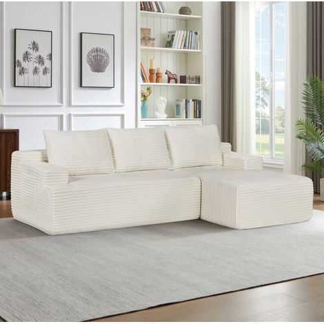 Canapé d’angle modulaire en velours côtelé beige, assise profonde, mousse et ressorts ensachés, méridienne à droite, 238×152×66 cm (1/5)