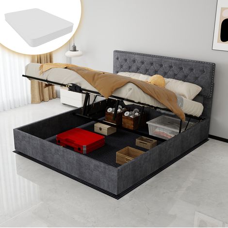 Cama de matrimonio moderna en terciopelo holandés gris 160x200 cm con cabecero alto, somier de láminas y colchón incluido (1/5)