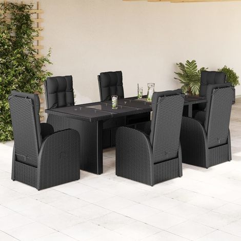 7-tlg. Garten-Essgruppe mit Kissen Schwarz Poly Rattan vidaXL