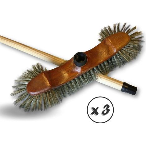 Balai de ménage demi-tête Garnissage soie grise - Lot de 3 - Manche bois