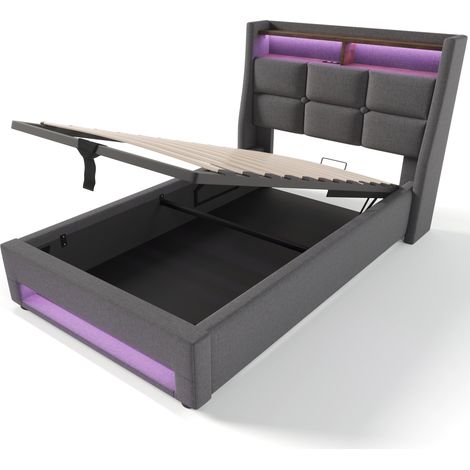 Somier de láminas metálicas de 90 x 200 cm, cama individual tapizada en gris, estación de carga USB, apta para adolescentes (colchón no incluido). (1/5)