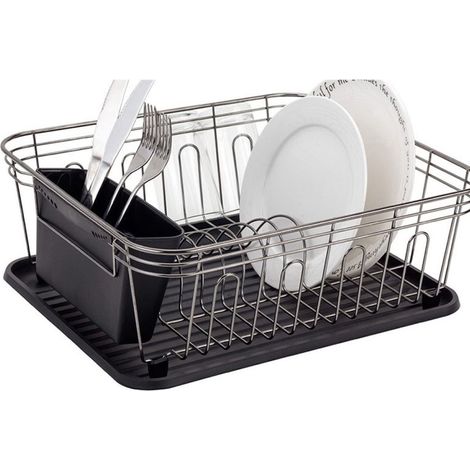 Égouttoir de cuisine en fer forgé - Égouttoir de comptoir - Égouttoir à couverts - Égouttoir à assiettes - Égouttoir antirouille - Panier à couverts - Acier revêtu de plastique noir - 36,5 x 32,5 x 13 (1/5)
