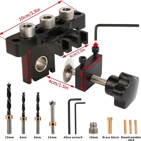 Set di dime di foratura, dime per fori tascabili da 8/10/15 mm, kit di localizzazione per guida di foratura per tasselli in legno 3 in 1, utensili per lavorazione del legno fai da te (dime di foratura (1/5)