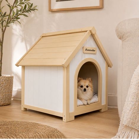 Cuccia da interno per cani in legno FSC con cuscino rimovibile, 60 x 55 x 70 cm, crema bianco (1/5)