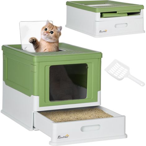 Bac à litière fermé pour chat avec pelle, plateau amovible et 2 portes, 47.5 x 35.5 x 36.7 cm, vert clair (1/5)