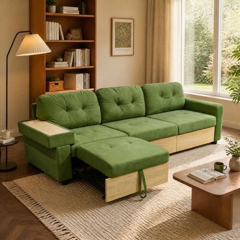 Sofá rinconero en L de 3 plazas de terciopelo verde con chaise longue extraíble, USB y arcón (1/5)