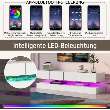 Meuble TV mural blanc 130x33x15 cm, support télévision LED avec 2 armoires et 4 grands tiroirs, meuble bas design pour téléviseur jusqu'à 55 pouces, éclairage LED intégré, rangement moderne pour salon (1/5)