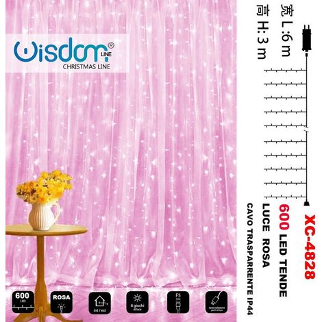 Wisdom - Tenda Luminosa Natalizia 600led Luce Rosa Cavo Trasparente 8 Giochi Luce Xc-4828 -