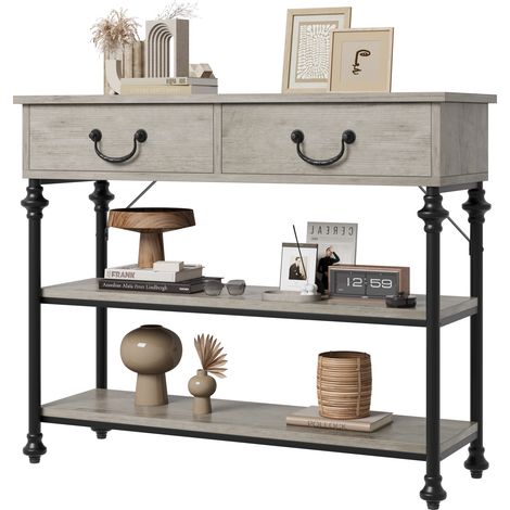 Console étroite industrielle avec 2 tiroirs et 2 étagères, Table d’entrée ou derrière canapé, Design rustique, Rangement, Gris (1/5)
