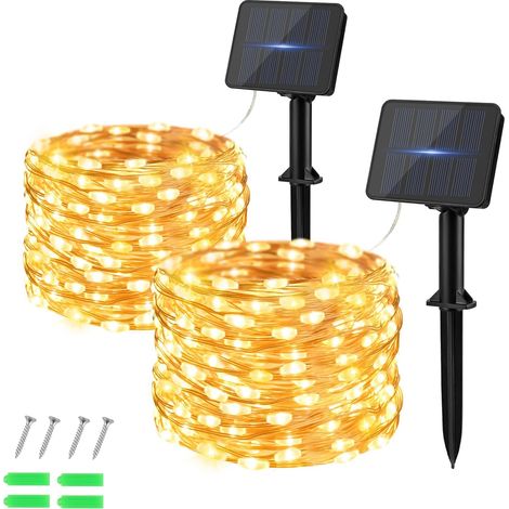 Lot de 2 guirlandes lumineuses solaires d'extérieur - 50 LED - 5 m - Blanc chaud - Résistantes aux intempéries - Fil de cuivre pour jardin, terrasse, cour, arbre, fête, anniversaire, mariage