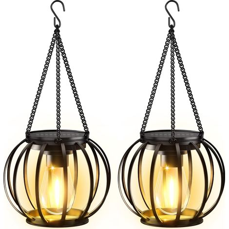 Set di 2 lanterne solari – illuminazione solare da giardino - lampada solare - lampade a sospensione – 13 x 12 cm – Ferro – Nero (1/5)