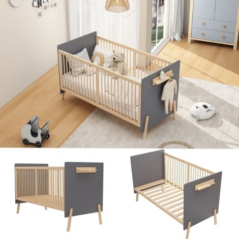 Lit bébé en bois massif, lit d'enfant réglable en hauteur sur trois niveaux, utilisable comme lit d'appoint ou canapé-lit, sans matelas, bleu-gris + couleur bois naturel, 140 × 70 × 86 cm