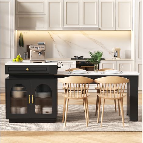 Tavolo estensibile in MDF e vetro 128-200 cm nero, piano effetto marmo, 2-4 posti (1/5)