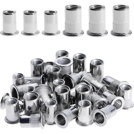 Juego de 100 tuercas remachables de acero inoxidable M6 y M8 con cabeza plana para muebles de madera. Contiene 50 tuercas M6 y 50 tuercas M8 de cada tamaño. (1/5)