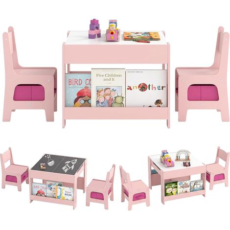 COSTWAY 4 en 1 Table Enfant avec 2 Chaises & Plateaux Réversibles, Rose (1/5)