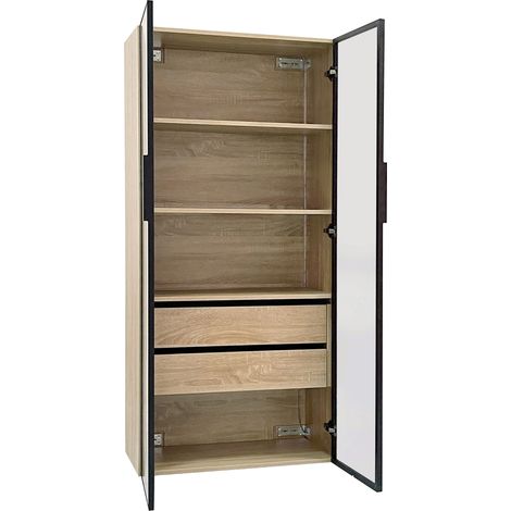Mobile bagno alto 2 pezzi in MDF naturale con LED, 2 cassetti e 2 ante in vetro satinato (1/5)