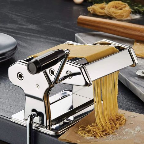 Made in Italy Classic Manual Pasta Maker Machine, Chrome Steel with Black Hand Crank. Makes Lasagna, Fettuccine & Tagliolini.