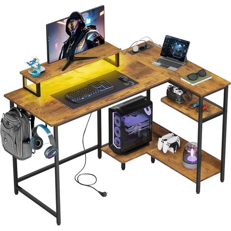 Bureau d’angle L 122 × 80 cm, bureau gaming avec éclairage RGB, bureau informatique gain de place avec support écran, crochets et étagère, idéal home office, brun vintage (1/5)