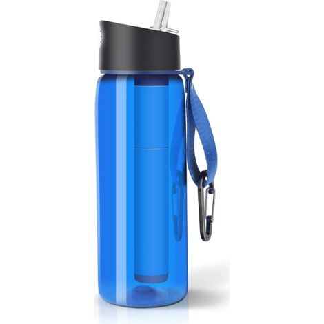 Bouteille filtrante (bleue) pour eau, idéale pour la survie, les situations d'urgence, le camping et le sport en plein air. (1/4)