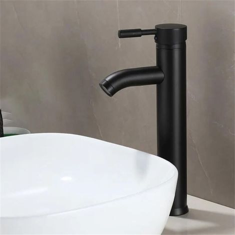 Robinet mitigeur d'évier chaud-froid de style minimaliste noir en acier inoxydable pour lavabo court noir, haut noir (1/5)