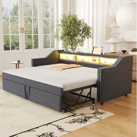 Canape convertible 90/180x190 cm USB gris fonce HAVRYA (1/5)