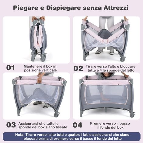 Parc bébé rose pliable 5-en-1 avec berceau à bascule, table à langer et arche musicale pour maison, voyage et plein air (1/5)