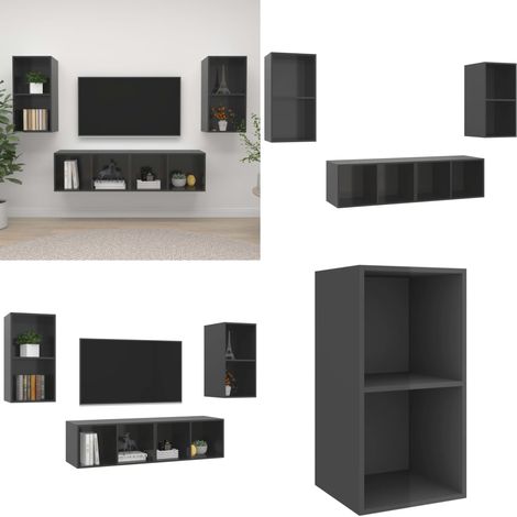 Meubles TV muraux 4 pcs Gris brillant Bois d'ingénierie - Meuble Tv Mural - Meuble Tv Suspendu - Étagère Murale - Rangement Tv - Armoire Tv - Home & Living (1/5)